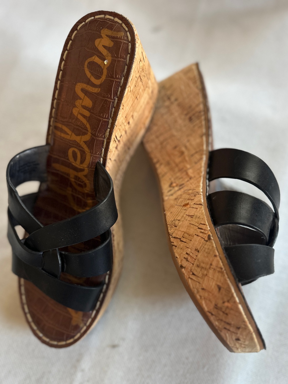 SAM EDELMAN Raynere Black Leather Cork Wedge Platform Sandals Slide | 9 NWOB - Picture 6 of 10